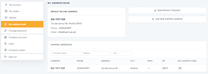 My address book page in the fluid-hub account area with default billing address, list of shipping addresses and button to add a new one