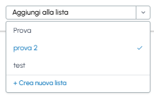 Menu a tendina Aggiungi alla lista su fluid-hub con selezione liste esistenti e opzione Crea nuova lista