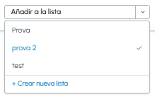 Menú desplegable Añadir a la lista en fluid-hub con selección de listas existentes y opción Crear nueva lista