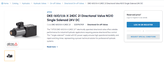 fluid-hub product page of the ATOS DKE-1610 NG10 monosolenoid 24V DC directional valve with reserved price and registration button