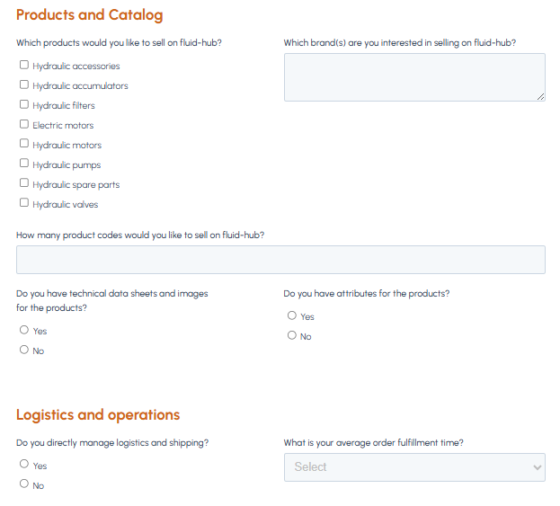 Section of the "Become a partner" form on fluid-hub with fields relating to products and catalogue (categories, brands, codes, technical data sheets) and logistics