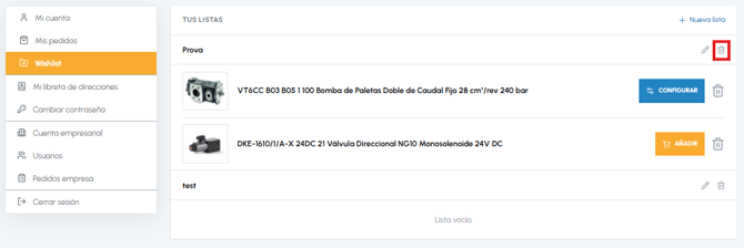 Página Wishlist de fluid-hub con icono eliminar lista destacado junto a la lista 222