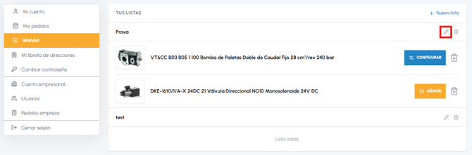 Página Wishlist de fluid-hub con icono modificar nombre de la lista destacado junto a la lista Prueba