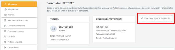 Panel del área de cuenta fluid-hub con perfil de usuario, dirección de facturación y enlace Solicitud de nuevo producto destacado
