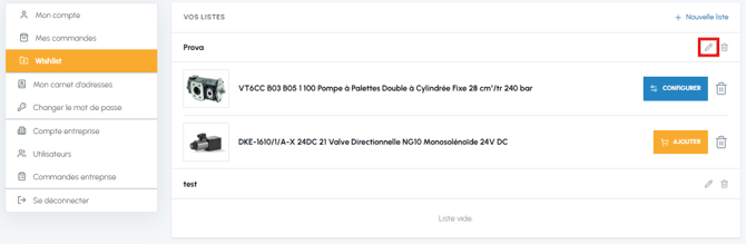 Page Wishlist de fluid-hub avec icône modifier le nom de la liste mise en évidence à côté de la liste Test