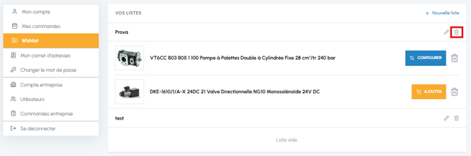 Page Wishlist de fluid-hub avec icône supprimer la liste mise en évidence à côté de la liste 222