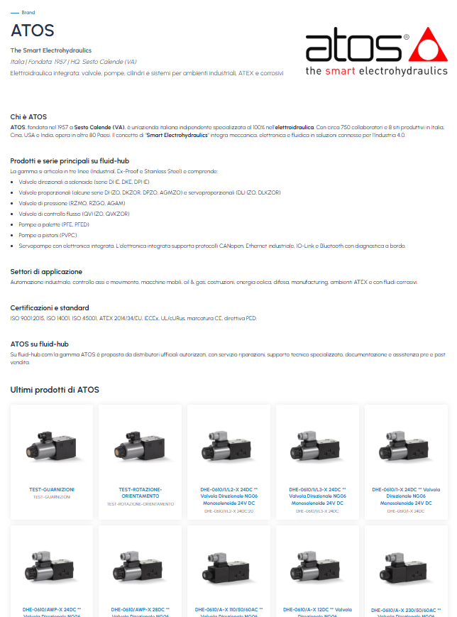 Pagina brand Atos su fluid-hub con descrizione del marchio, prodotti e serie disponibili, settori di applicazione e ultimi prodotti del catalogo