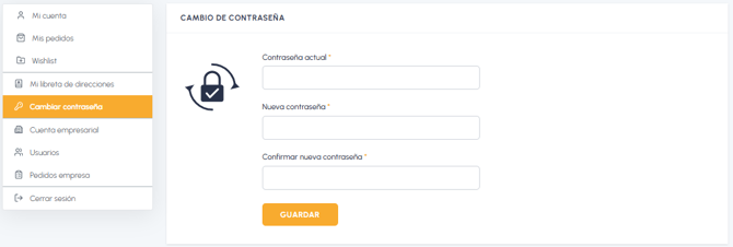 Página de cambio de contraseña en el área de cuenta de fluid-hub con campos para la contraseña actual, la nueva contraseña y la confirmación.