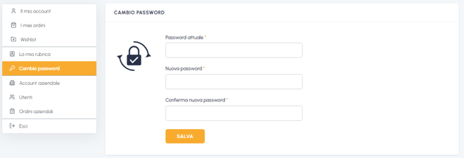Pagina cambio password nell'area account fluid-hub con campi per password attuale, nuova password e conferma