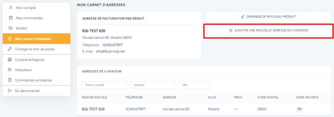 Page Mon carnet d'adresses sur fluid-hub avec adresse de facturation par défaut, liste des adresses de livraison et bouton « Ajouter une nouvelle adresse de livraison » mis en évidence