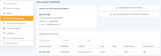 Page Mon carnet d'adresses dans l'espace compte fluid-hub avec adresse de facturation par défaut, liste des adresses de livraison et bouton pour en ajouter une nouvelle