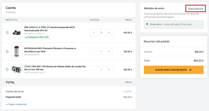 Página del carrito de fluid-hub con productos, cantidades, métodos de envío, enlace «Nueva dirección» destacado y resumen del pedido