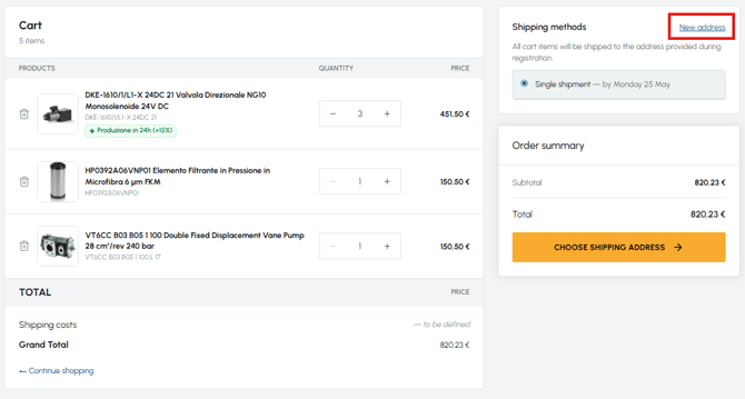 fluid-hub cart page with products, quantities, shipping methods, highlighted "New address" link and order summary