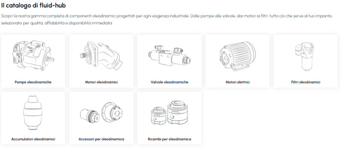 Sezione catalogo di fluid-hub con le categorie di prodotti oleodinamici: pompe, motori, valvole, filtri, accumulatori, accessori e ricambi