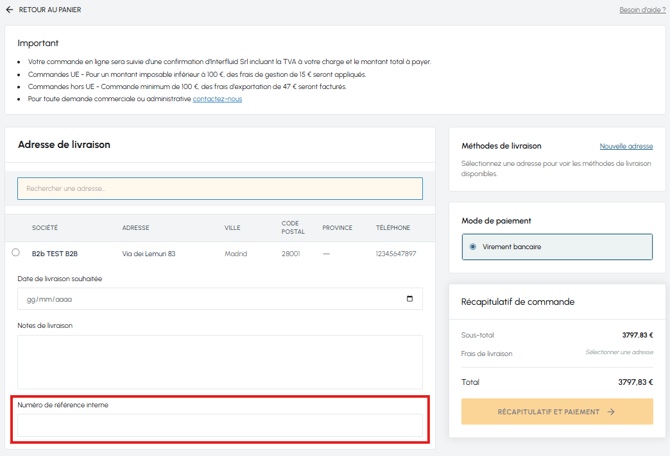 Champ Numéro de référence interne mis en évidence sur la page de paiement de fluid-hub pour associer un code d'entreprise à la commande