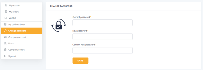 Password change page in the fluid-hub account area with fields for current password, new password, and confirmation.