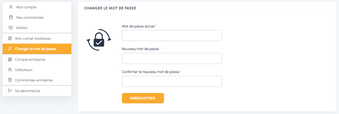 Page de changement de mot de passe dans l'espace compte fluid-hub avec les champs pour le mot de passe actuel, le nouveau mot de passe et la confirmation.