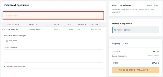 Pagina carrello fluid-hub con prodotti, quantità, metodi di spedizione, link Nuovo indirizzo evidenziato e riepilogo ordine