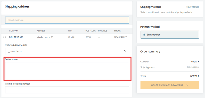 Shipping address selection page in fluid-hub with the delivery notes field highlighted in red