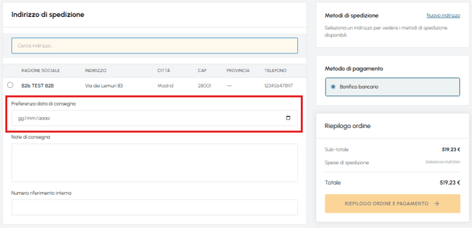 Pagina di selezione indirizzo di spedizione in fluid-hub con il campo preferenza data di consegna evidenziato in rosso