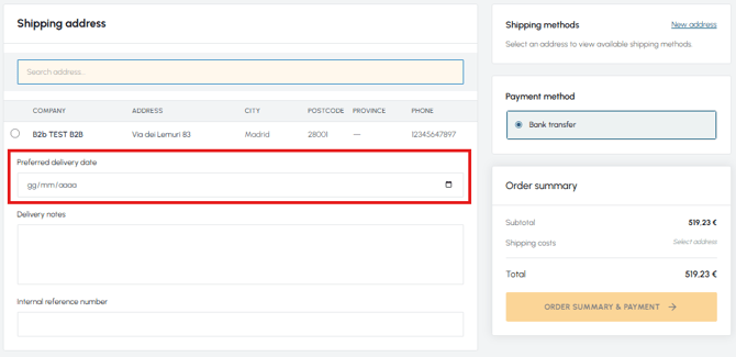 Shipping address selection page in fluid-hub with the preferred delivery date field highlighted in red