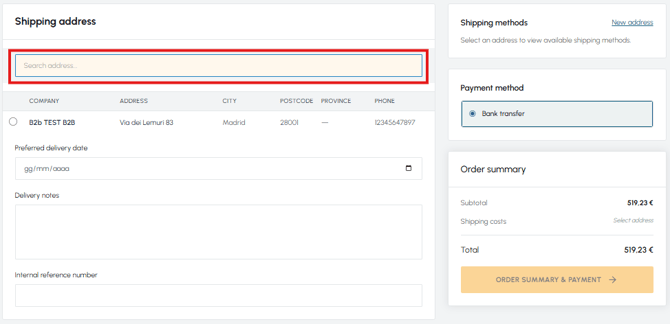 fluid-hub cart page with products, quantities, shipping methods, highlighted "New address" link and order summary