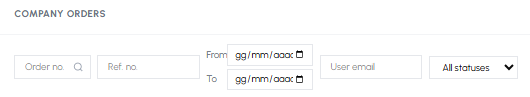 Company orders search filter bar on fluid-hub with fields for order number, internal reference, date range, user email and status