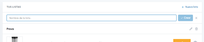 Campo de texto para introducir el nombre de una nueva lista en la wishlist de fluid-hub con botón Crear