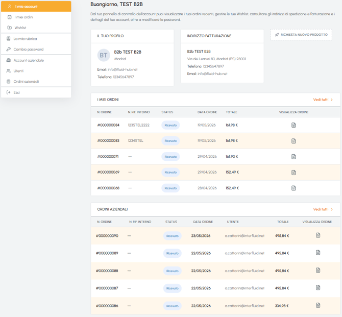 Dashboard area account fluid-hub con profilo utente, indirizzo di fatturazione, elenco ordini personali e ordini aziendali