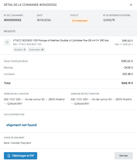 Fenêtre de détail de commande sur fluid-hub avec statut de la commande et suivi de l'expédition pour surveiller l'état de la commande