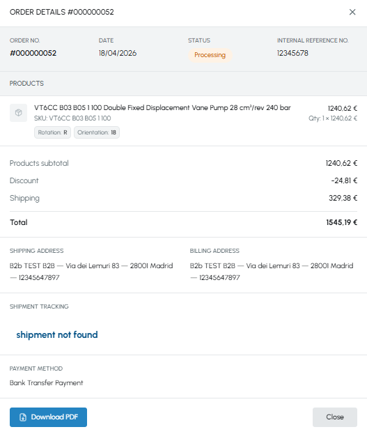 Order details window on fluid-hub with product summary, total, addresses, shipment tracking and Download PDF button