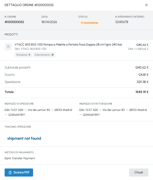 Finestra dettaglio ordine su fluid-hub con numero ordine, data, stato, prodotti, subtotale, sconto, spedizione, totale, indirizzi e tracking spedizione