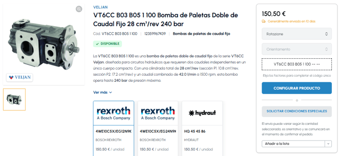 Ficha de producto bomba de paletas Veljan en fluid-hub con botón Añadir a la lista destacado para guardar el producto en la wishlist