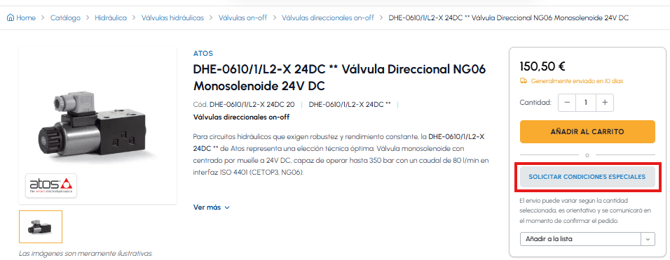 Ficha de producto en fluid-hub con el botón «Solicitar condiciones especiales» destacado en rojo