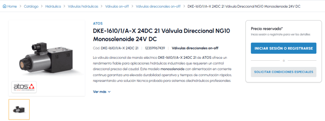 Ficha de producto fluid-hub de la válvula direccional ATOS DKE-1610 NG10 monosolenoide 24V DC con precio reservado y botón de registro