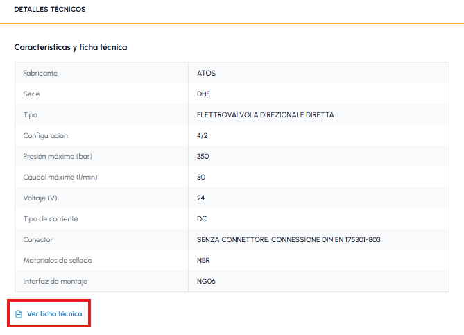 Sección de detalles técnicos de una ficha de producto en fluid-hub con tabla de características técnicas y enlace para visualizar la ficha técnica destacado en rojo