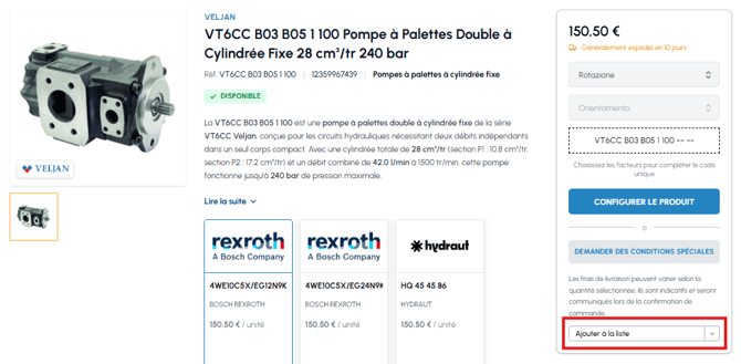 Fiche produit pompe à palettes Veljan sur fluid-hub avec bouton Ajouter à la liste mis en évidence pour sauvegarder le produit dans la wishlist