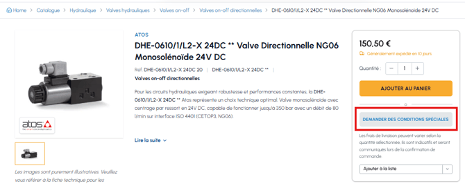 Fiche produit sur fluid-hub avec le bouton « Demander des conditions spéciales » mis en évidence en rouge