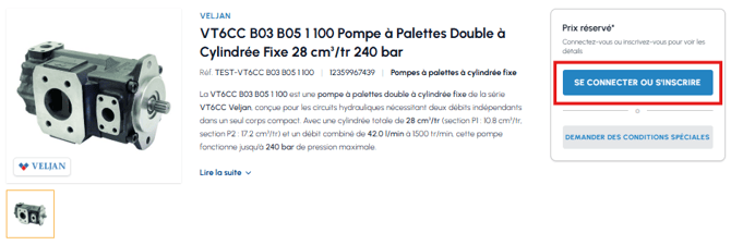 Fiche produit pompe à palettes Veljan sur fluid-hub avec prix réservé et bouton « Se connecter ou s'inscrire » mis en évidence