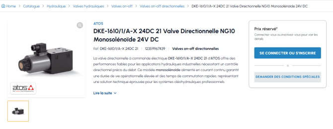 Fiche produit fluid-hub du distributeur ATOS DKE-1610 NG10 monosolénoïde 24V DC avec prix réservé et bouton d'inscription