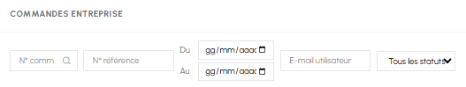 Barre de filtres de recherche des commandes de l'entreprise sur fluid-hub avec champs pour numéro de commande, référence interne, intervalle de dates, e-mail utilisateur et statut