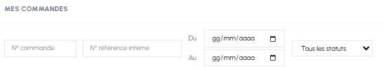 Barre de filtres de recherche de commandes sur fluid-hub avec champs pour numéro de commande, référence interne, statut et dates