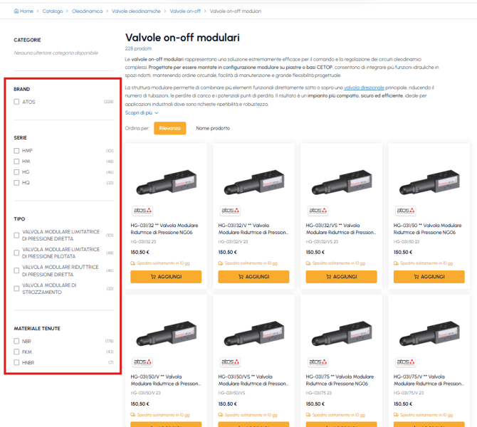 Pagina categoria valvole on-off modulari su fluid-hub con i filtri di ricerca evidenziati: brand, serie, tipo e materiale tenute