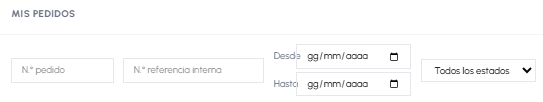 Barra de filtros de búsqueda de pedidos en fluid-hub con campos para número de pedido, referencia interna, estado y fechas