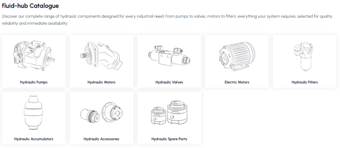 fluid-hub catalogue section with the categories of hydraulic products: pumps, motors, valves, filters, accumulators, accessories and spare parts