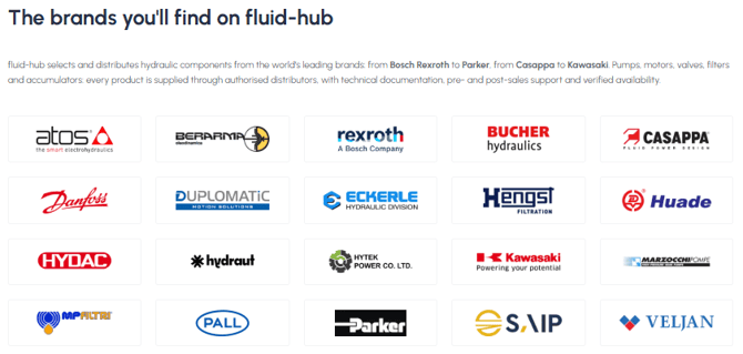 fluid-hub brands section with the logos of the main hydraulic component brands distributed: Atos, Bosch Rexroth, Bucher, Casappa, Danfoss, HYDAC, Kawasaki, Parker and others
