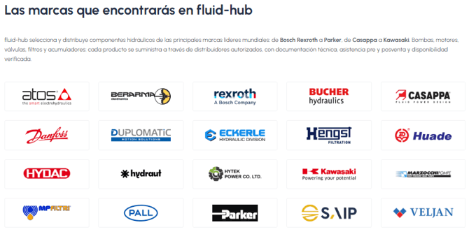 Sección de marcas de fluid-hub con los logotipos de las principales marcas de componentes hidráulicos distribuidas: Atos, Bosch Rexroth, Bucher, Casappa, Danfoss, HYDAC, Kawasaki, Parker y otras