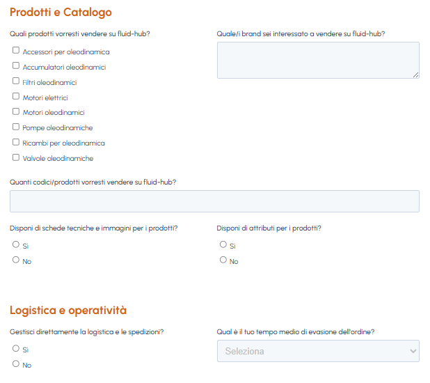 Sezione del modulo "Diventa partner" su fluid-hub con campi relativi a prodotti e catalogo (categorie, brand, codici, schede tecniche) e logistica