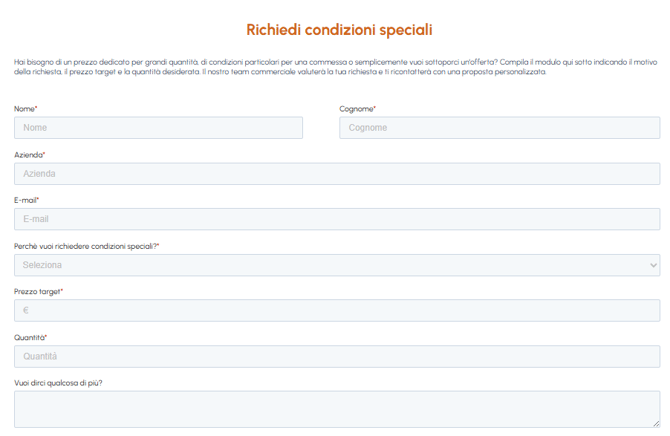 Modulo di richiesta condizioni speciali su fluid-hub con campi per nome, cognome, azienda, email, motivo della richiesta, prezzo target e quantità