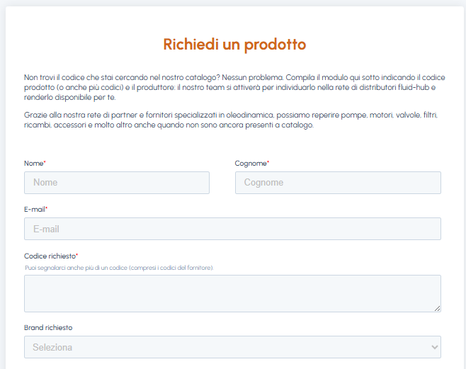 Modulo Richiedi un prodotto su fluid-hub con campi per nome, cognome, email, codice prodotto richiesto e brand